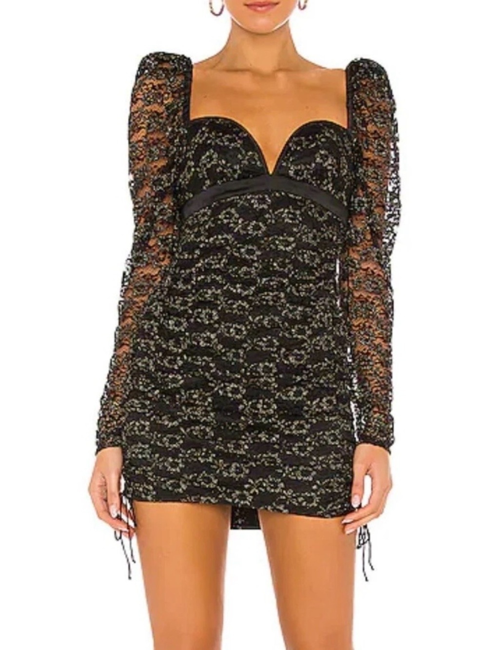 For Love And Lemons Joanna Black Lace Sweetheart Long-Sleeve Mini Dress